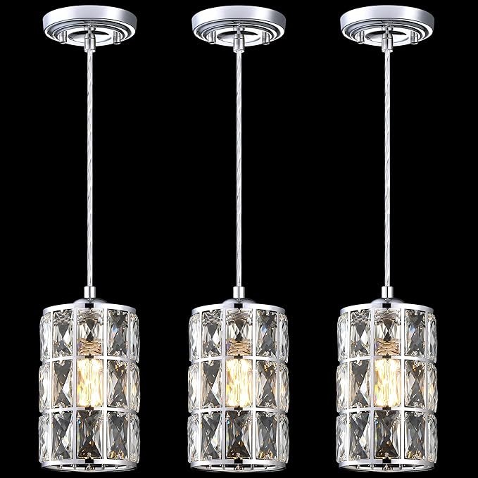 Doraimi Lighting 3 Pack 1 Light Hanging Kitchen Island 8.75" Crystal Modern Pendant Light Fixture,Nickel Finish with Crystal Shade for Bar,Dining Room,Corridor,Living Room Over Sink