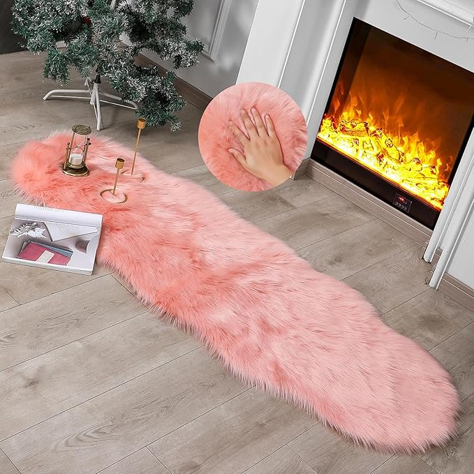 Faux Fur Rug Sheepskin Shag Fluffy Fuzzy Pink 2x6 ft Runner Rugs for Bedroom Bedside Bed Floor Living Room Plush High-Density Cushion Carpet Super Sofa Cover