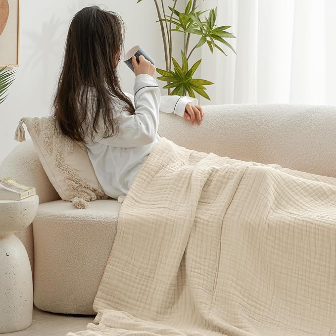 Love's cabin 6 Layer 100% Cotton Muslin Blanket, 108"x90" Muslin King Size Blanket for Bed Couch, Lightweight and Breathable Cotton Gauze for Adult, Beige