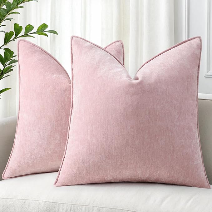 decorUhome Spring Couch Throw Pillow Covers 16x16 Set of 2, Decorative Soft Velvet Neutral Chenille Pillow Covers with Elegant Design for Sofa Bed Living Room Home Decor, Blush Pink