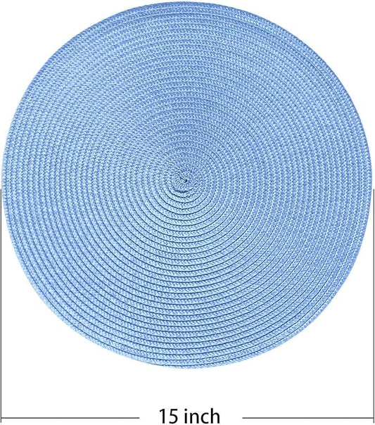 AHHFSMEI Round Braided Placemats 15 Inch Round Table Mats for Dining Tables Natural Woven Heat Resistant Place mats Set of 6 (Sky Blue)