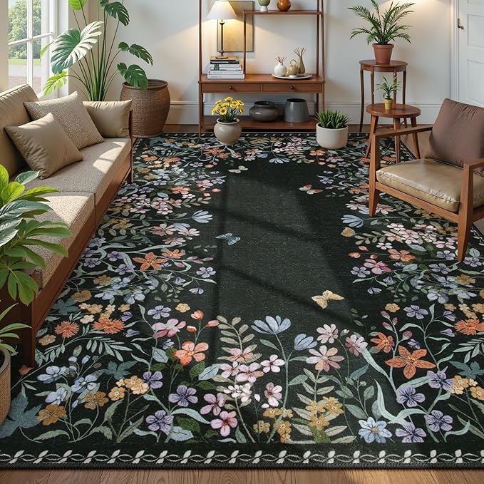 Lahome Boho Floral Black Washable 8x10 Area Rugs for Living Room, Non Slip Rugs for Bedroom, Indoor Throw Dining Room Carpet for Under Table Home Office Playroom(Black,8x10)
