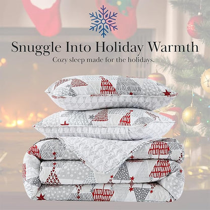 Southshore Fine Living, Inc. Full/Queen Size Christmas Quilt Set, Reversible Coverlet with 2 Shams, Holiday Queen Christmas Bedding Design - Red & Silver