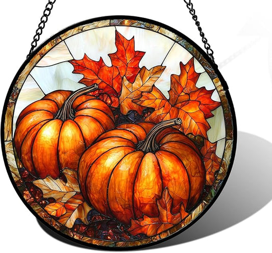 DASTOLL Stained Glass Window Hanging, Pumpkin Maple Leaf Suncatcher for Doors Home Sun Catchers Decoration and Christmas, Mother's Day Birthday Gifts for Women, Men, and Mom 11.8x11.8 in