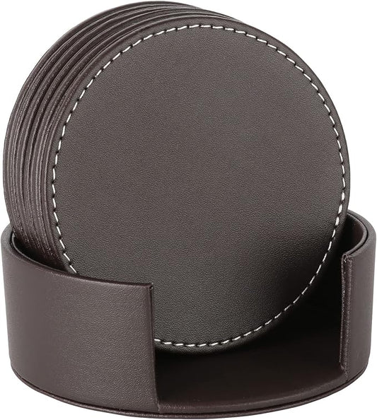Leather Coasters for Drinks(6 Pack), Handmade Durable Drink Coasters Set with Holder for Tabletop Protection, Luxurious Home Décor and Housewarming Gift (Brown)