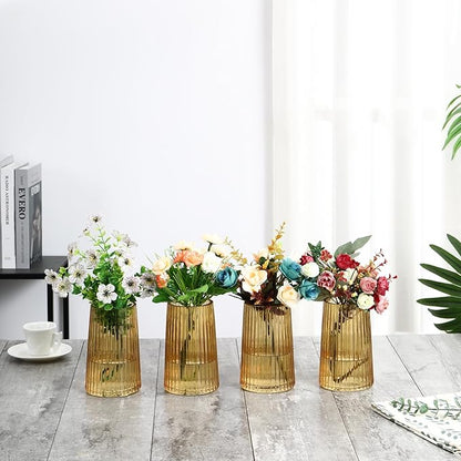 Amber Glass Vases Set of 4, Small Vases for Flowers, Flower Vase for Bouquet, Modern Ribbed Glass Vase for Living Room, Bedroom, Dining Table, Office, Wedding, Centerpieces