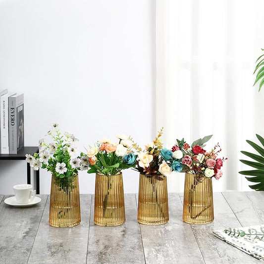 Amber Glass Vases Set of 4, Small Vases for Flowers, Flower Vase for Bouquet, Modern Ribbed Glass Vase for Living Room, Bedroom, Dining Table, Office, Wedding, Centerpieces