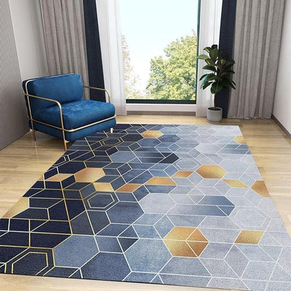 Black and Gold Blue Hexagon Area Rug, Geometric Honeycomb Living Room Rugs, Indoor Non-Slip Kids Large Rug for Bedroom Living Room Office Interior Decoration,5 x 6ft