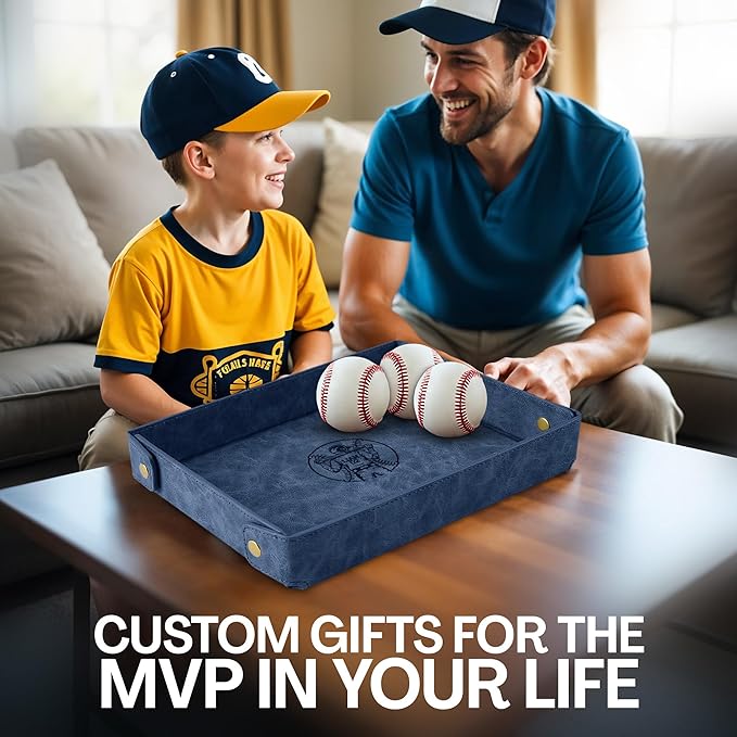 Engraved Baseball Valet Tray–Personalized Leather Catchall with Custom Name–Men’s Nightstand Organizer for Keys, Wallet, Jewelry, and Essentials – Unique Baseball Fan Gift for Home or Office - Blue