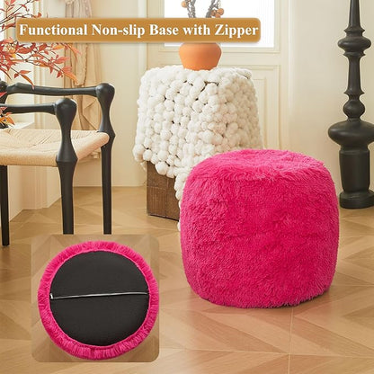 XeGe Fluffy Faux Fur Inflatable Pouf Ottoman, Soft Fuzzy Foot Stool Anti-Slip, Plush Foldable Foot Rest Floor Pouf for Kids Girls Adult, Cute Round Ottoman Cushion Living Room Bedroom, Hot Pink