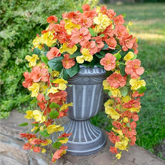 HyeFlora Hibiscus Fall Flowers Artificial Hanging Flowers Plants for Outdoors Autumn Decoration, 4pcs Silk Hibiscus Vines Realistic UV Resistant Faux Flowers for Outside Planters Yard Garden Home, Mix