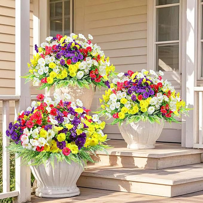 16 Bundles Outdoor Artificial Fake Flowers UV Resistant No Fade Plastic Faux Morning Glory Silk Flowers Plants for Home Garden Porch Patio Window Box Hanging Décor (Mix White Purple Fuchsia Yellow)
