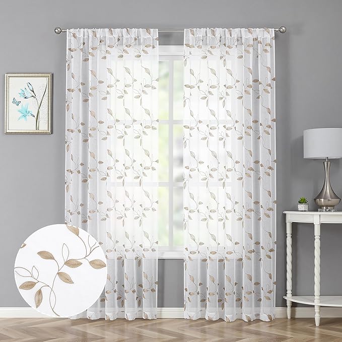 Tollpiz Taupe Leaf Sheer Curtains Leaves Embroidered Bedroom Curtain Rod Pocket Voile Window Treatment for Living Room, 54 x 84 inches Long, Set of 2 Panels