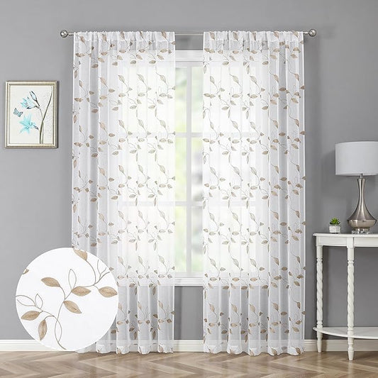 Tollpiz Taupe Leaf Sheer Curtains Leaves Embroidered Bedroom Curtain Rod Pocket Voile Window Treatment for Living Room, 54 x 84 inches Long, Set of 2 Panels