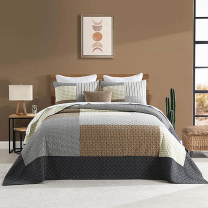 SahSahCasa 100% Cotton 120"x102" Oversized Bedspread Coverlet Quilt Set Queen Size, Queen Quilted Bedspread Extra Large Quilt, Patchwork XL Bed Spread Lightweight Comforter, Brown/Cream/Gray
