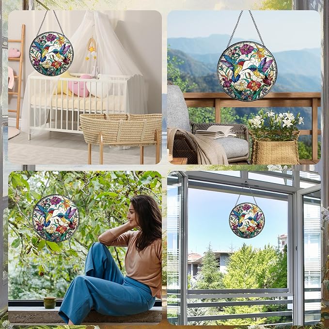 Rngmsi Hummingbird Stained Glass Window Hanging, 7.8″ Sun Catchers with Hook Indoor Window Decor, Decorative Suncatchers Home Garden Art Gift for Bird Lovers Thanksgiving Christmas Housewarming