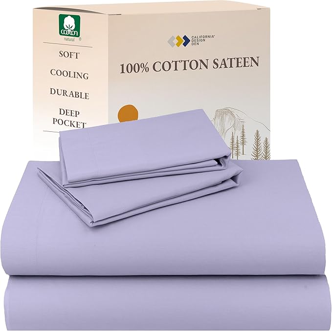 California Design Den King Size Sheets Set - Natural 100% Cotton Sheets King, Soft Sateen Weave, Fully Elasticized Deep Pockets, Breathable and Durable Bedding - Lavender