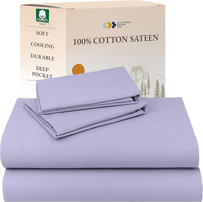 California Design Den King Size Sheets Set - Natural 100% Cotton Sheets King, Soft Sateen Weave, Fully Elasticized Deep Pockets, Breathable and Durable Bedding - Lavender