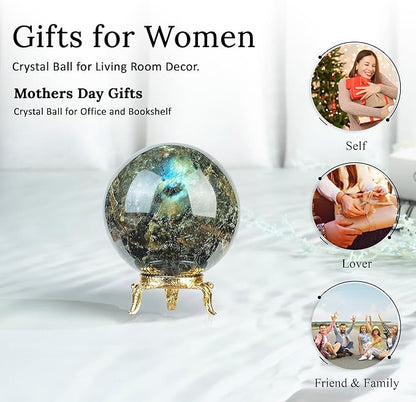 Crocon 50mm Labradorite Stone Sphere Ball with Metal Stand 1400+ Carats Gemstone Ball Healing Sphere Sculpture Figurine for Fengshui Divination Home Decoration Photography Crystal Sphere