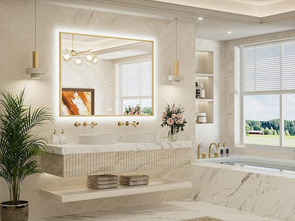 TETOTE 48 x 36 Backlit Bathroom Mirror Brushed Gold Metal Frame LED Light Vanity 3-Color White/Warm/Natural Stepless Dimmable Anti-Fog Backlight Mirror Wall-Mounted