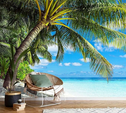 AFZEVEB-Beach Wall Mural Tropical Palm Tree Landscape Wallpaper for Bedroom 159"x107"(Not Peel and Stick)