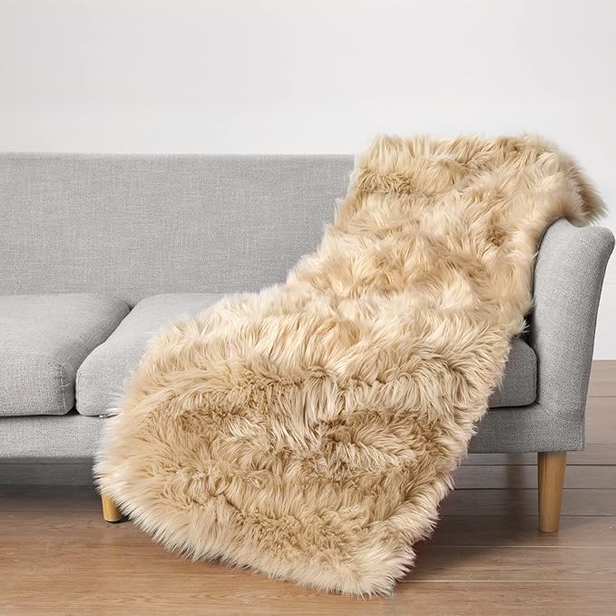 Ciicool Faux Fur Rug for Bedroom, Beige Fluffy Shag Rugs for Sofa Couch Seat Cushion, Washable Fuzzy Runner Thick Fur Area Rug Floor Carpets for Bedside Living Room, 2x6 Ft Rectangle
