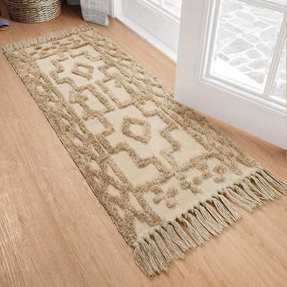 Uphome Kitchen Runner Rug 2' x 4.3', Washable Woven Cotton Bathroom Rug Runners, Khaki Geometric Tufted Entryway Runner Rugs, Bohemian Tribal Throw Rugs for Laundry Room Porch Bedroom