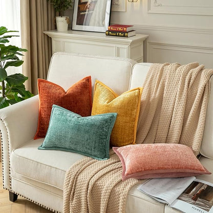 Yaertun Pack of 2 Chenille Textured Decorative Throw Pillow Covers Accent Solid Cushion Cover Soft Cozy Pillow Case with Velvet Back for Couch Sofa Bed Living Room 18x18 Inch Yellow