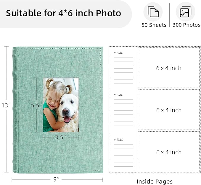 Vienrose Photo Album 4x6 300 Photos Linen Frame Cover with Memo Areas Photobook Large Capacity Slip-in Pictures Book for Wedding Baby Vacation, Green