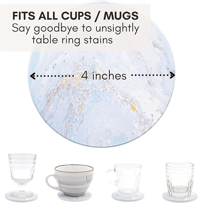 Ceramic Absorbent Coasters Set of 6 with Holder, Marble Drink Coasters for Coffee Table, Water Absorbing Coaster (White)