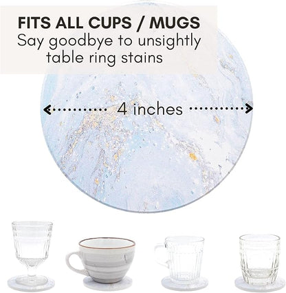 Ceramic Absorbent Coasters Set of 6 with Holder, Marble Drink Coasters for Coffee Table, Water Absorbing Coaster (White)