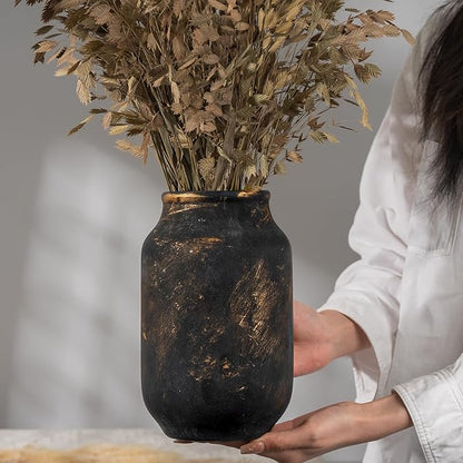Rustic Ceramic Farmhouse Flower Large Vase, Whitewashed Terra Cotta Vase, Pottery Decorative Flower for Home Decor, Table, Living Room Decoration, Shelf Decor, Mantel, 9.5 Inch, Bronze