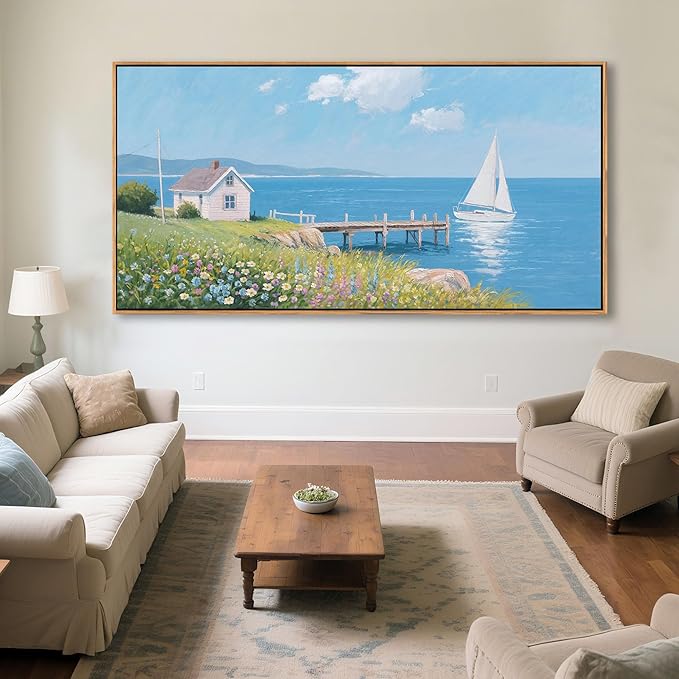 Coastal Pictures for Living Room, Beach Wall Art, Floral Wall Art Featuring Sailboat and Ocean Wall Decor, Nautical Framed Art for Bedroom or Above Bed Decor Large Artwork for Walls 20×40IN
