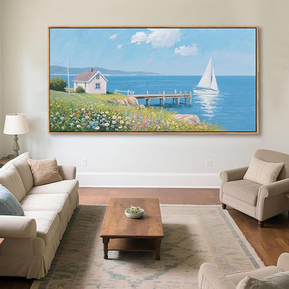 Coastal Pictures for Living Room, Beach Wall Art, Floral Wall Art Featuring Sailboat and Ocean Wall Decor, Nautical Framed Art for Bedroom or Above Bed Decor Large Artwork for Walls 20×40IN