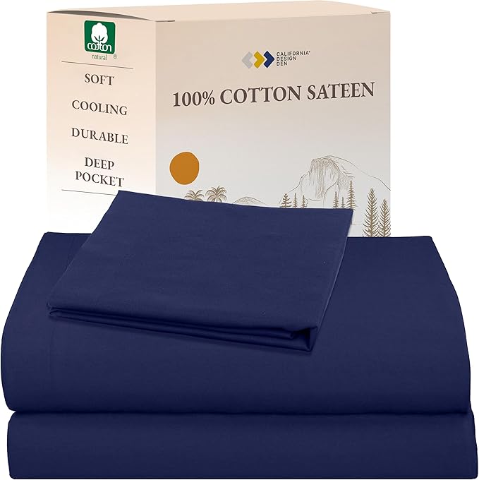California Design Den Twin Bed Sheets Set - Natural 100% Cotton Sheets with Deep Pockets, Soft Sateen Weave, Breathable and Durable Bedding Set for Dorm Rooms, College (Navy Blue)