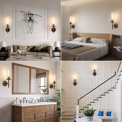 15" Knurled Brass Wall Sconces Set of 2, Bronze Bathroom Vanity Light Fixtures with Clear Glass Tube, Modern Lamp Lighting for Bedroom, Living Room, Hallway, Staircase, Mirror, Kitchen