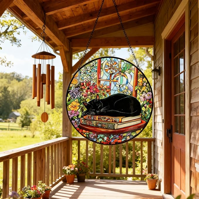 Cat Stained Glass Suncatcher Window, Hanging Sun Catchers Indoor Window, Suncatcher for Nana/Mom/Women (Black Cat)
