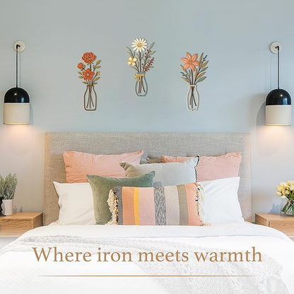 3 Piece Metal Flower Wall Art for Bedroom Living Room Rustic Farmhouse Floral Wall Decor for Bathroom Dining Room Boho Home Decorations Modern Minimalism Walls Hanging Sculptures