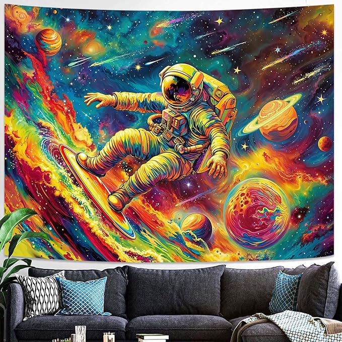 Haibimen Blacklight Astronaut Tapestry Wall Hanging Space Galaxy Travel Funny Surfering Tapestries for Bedroom Colorful Aesthetic Cool Wall Art for Guys Gamer Room Dorm Living Room (surf, 80''×60'')