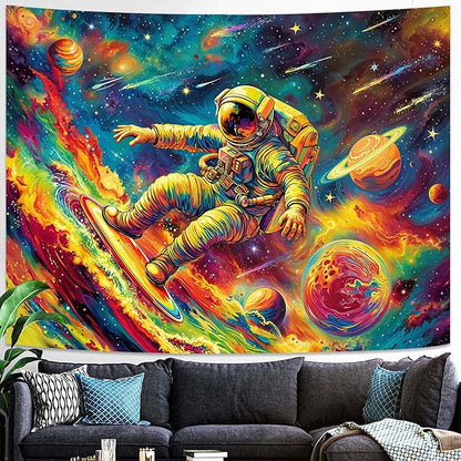 Haibimen Blacklight Astronaut Tapestry Wall Hanging Space Galaxy Travel Funny Surfering Tapestries for Bedroom Colorful Aesthetic Cool Wall Art for Guys Gamer Room Dorm Living Room (surf, 80''×60'')