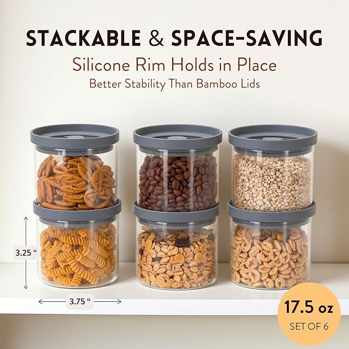 Glass Canisters with Airtight Lids Set of 6 (17.5 oz) - Borosilicate Glass Jars for Overnight Oats, Meal Prep & Pantry Storage, Stackable, BPA-Free, Dishwasher Safe Kitchen Containers