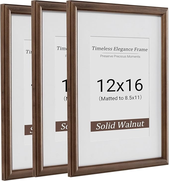 Heimlove 12x16 Picture Frame,12 x 16 Natural Solid Walnut Wood Frame Matted to 8.5x11 with Tempered Glass,12"x16" Handcrafted wood Poster Frame,Vertical or Horizontal Wall Hanging Display,3 Pack