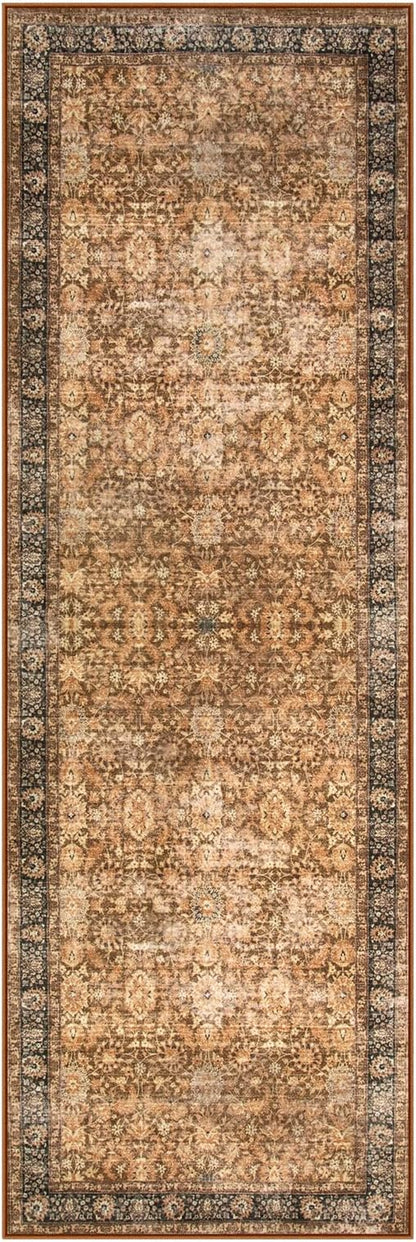 Morebes Vintage Washable Runner Rug 2x6, Floral Kitchen Runner Rugs Non Slip, Super Soft Distressed Indoor Throw Carpet for Hallway Bedroom Bedside Bathroom Laundry Room, Dark Brown