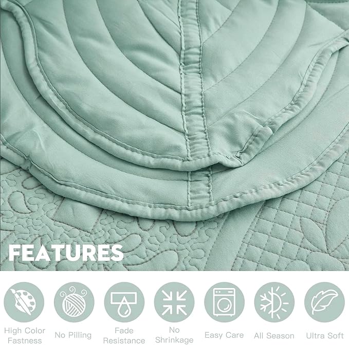 Oversized Bedspread - Queen Size Bedding Cover - Modern & Contemporary Coverlet Set, Real Stitching, Reversible, Lightweight, 5 Piece, Seaglass