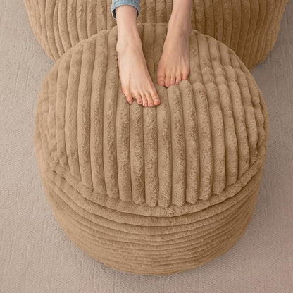 HIGOGOGO Round Stuffed Pouf Ottoman, Corduroy Poufs with High-Density Foam Filling, Furry and Fluffy Pouf Foot Stool Storage Ottoman, 20 X 15 Floor Poufs Foot Rest for Living Room, Brown