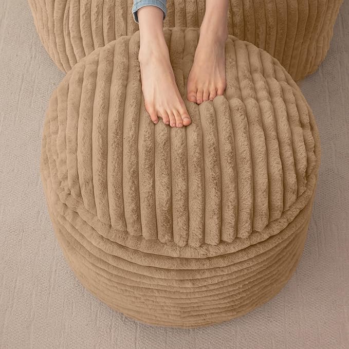 HIGOGOGO Round Stuffed Pouf Ottoman, Stripe Faux Fur Poufs with Foam Chunk Filling, Furry and Fluffy Pouf Foot Stool Storage Ottoman, 26 X 18 Floor Poufs Foot Rest for Living Room, Brown