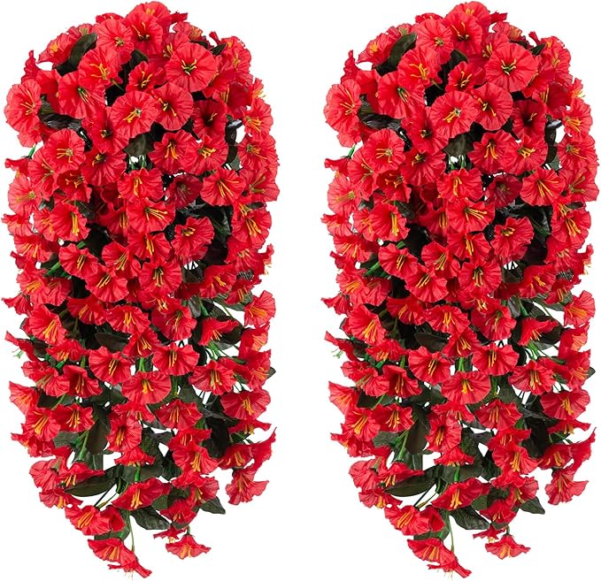 Artificial Fake Hanging Flowers Plants for Outdoor Outside Winter Christmas Decoration, 2PCS Faux Silk UV Resistant Look Real Red Morning Glory Trailing Vines for Home Wedding Party Garden Patio Porch