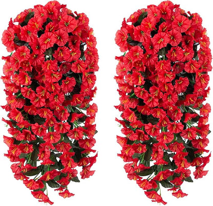 Artificial Fake Hanging Flowers Plants for Outdoor Outside Winter Christmas Decoration, 2PCS Faux Silk UV Resistant Look Real Red Morning Glory Trailing Vines for Home Wedding Party Garden Patio Porch
