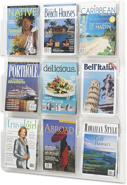 Safco Reveal Literature Rack, 9 Compartments Magazine Holder, Wall-Mounted Brochure Organizer, Acrylic, Clear