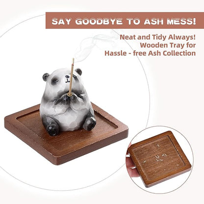 Lionpower Incense Holder for Sticks with Burner & Ash Catcher - Resin Panda, Wooden Tray, 10 Incense Sticks for Meditation Yoga Spa, Cute Home Decor Room Accessories (Panda)
